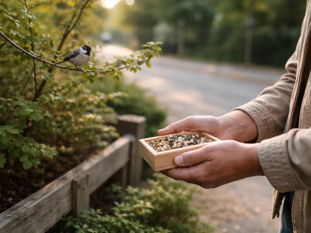 A person pauses with an open bird feeder while a small bird perches nearby outdoors.