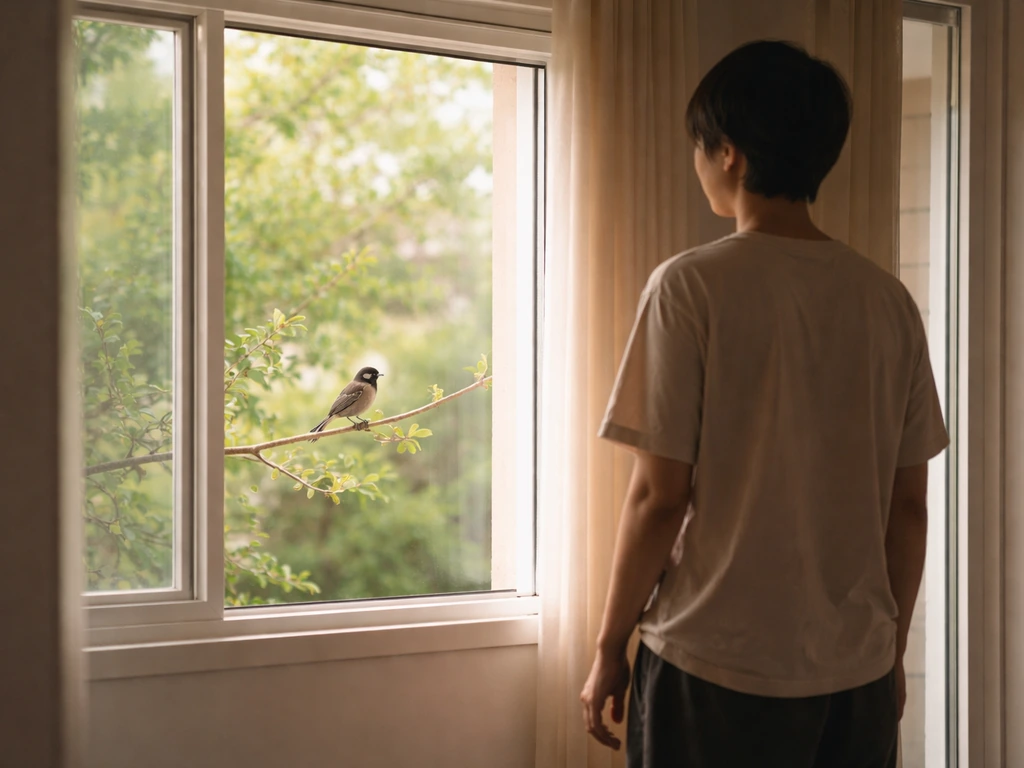Person standing safely by a window watching a calm bird perched nearby