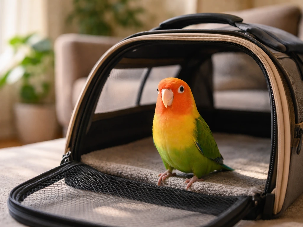 A small pet bird near an open carrier in a cozy living room, suggesting a safe indoor escape recovery moment.