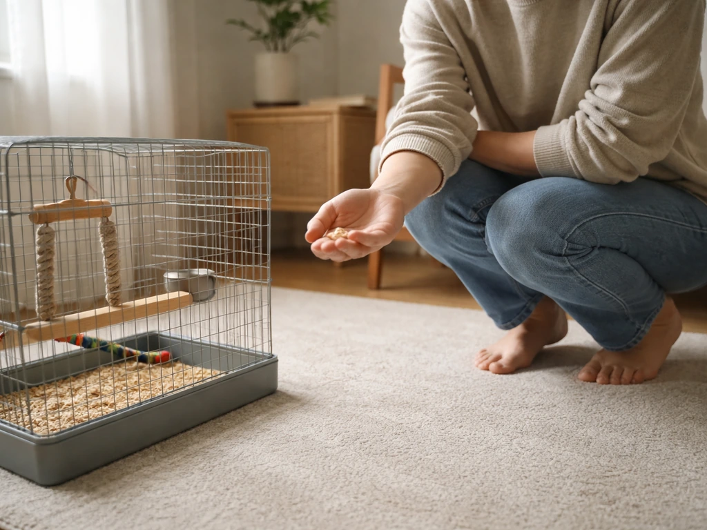 Anonymous person crouched by a pet bird perch/cage, holding a treat just out of reach.