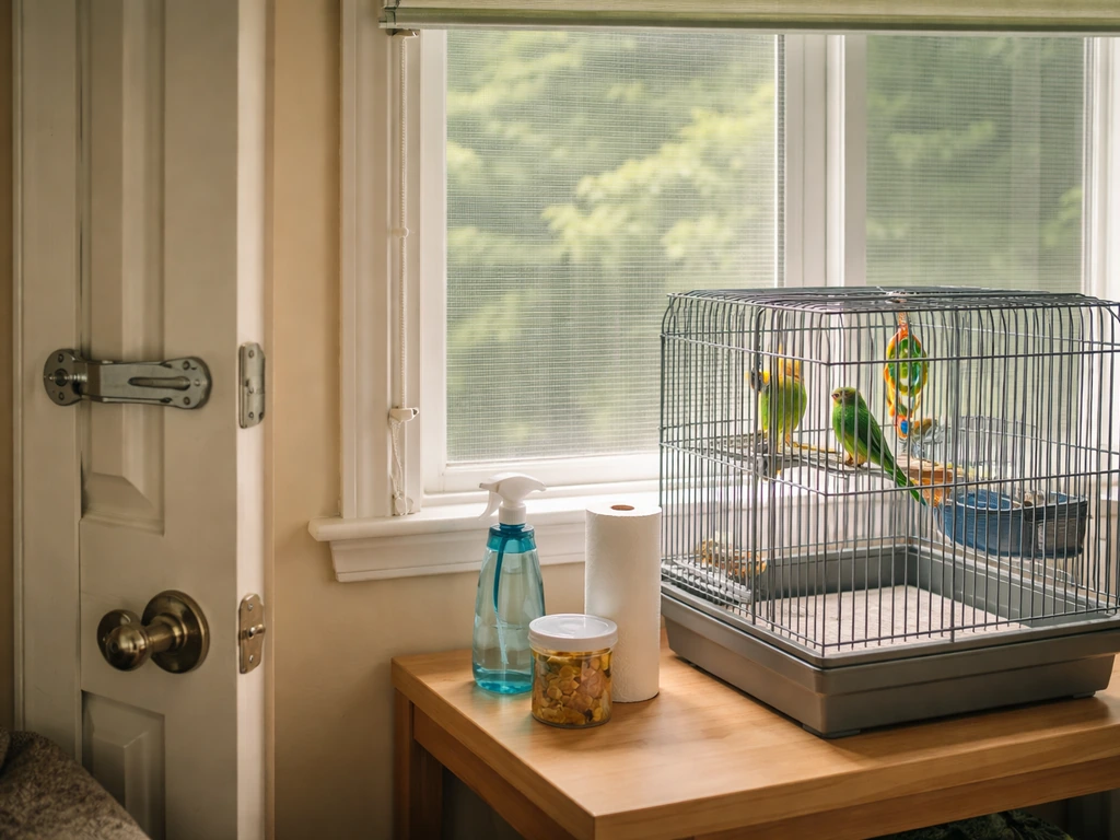 Minimal photo showing a secured bird safety setup: cage by a window with covered screen and locked door latch.