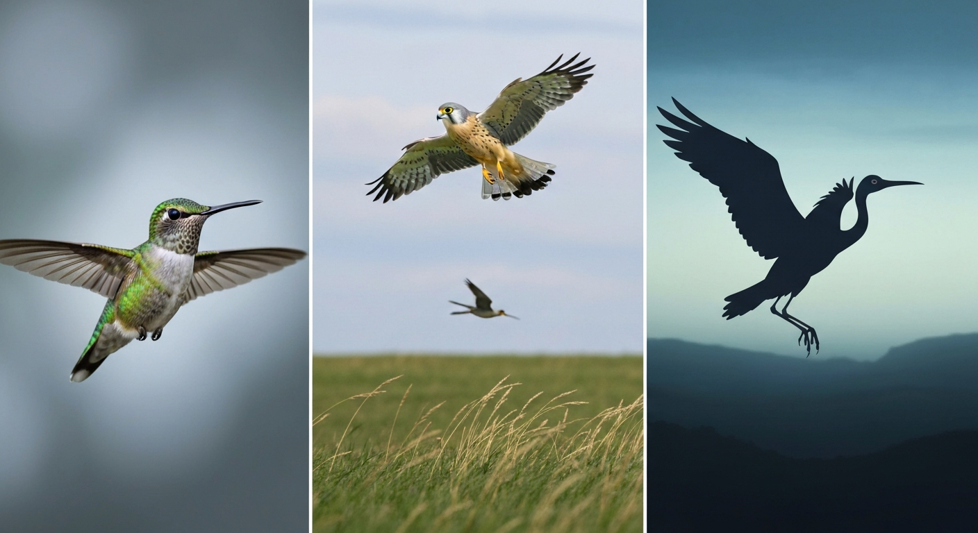 Triptych editorial image: (left) hummingbird hovering with blurred wings, (center) kestrel kiting into the wind above grass, (right) stylized animated large wading bird frozen midair with cinematic lighting.