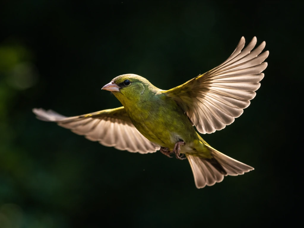 A green-feathered bird captured mid-flight against a dark, blurred forest background.