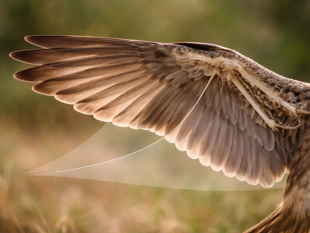 Close-up side view of a bird wing with detailed feather arrangement in a simple natural setting.