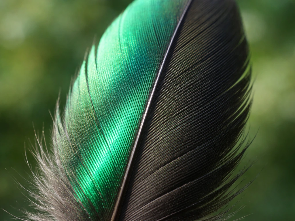 Close-up of a bird feather with iridescent green flashing under a lighting angle.