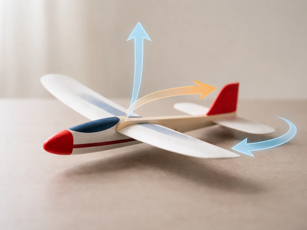 Toy glider on a table with minimal floating arrows showing lift, thrust, and control directions.