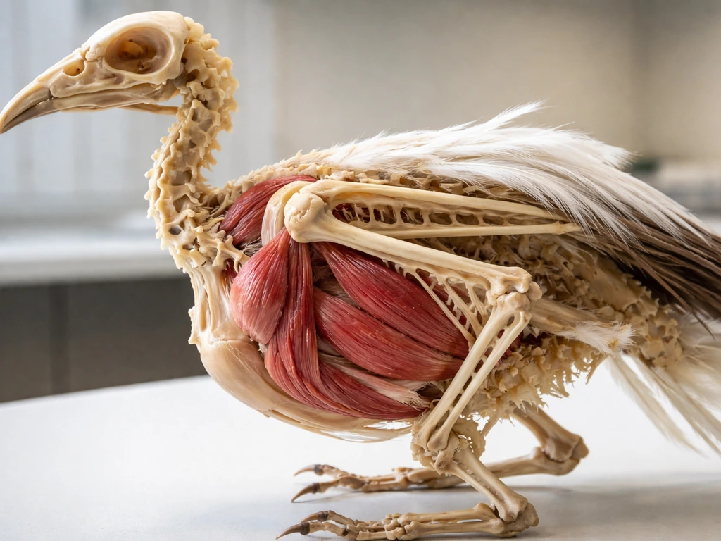 Macro photo of a bird skeleton model showing hollow bones and visible flight muscle attachment points.