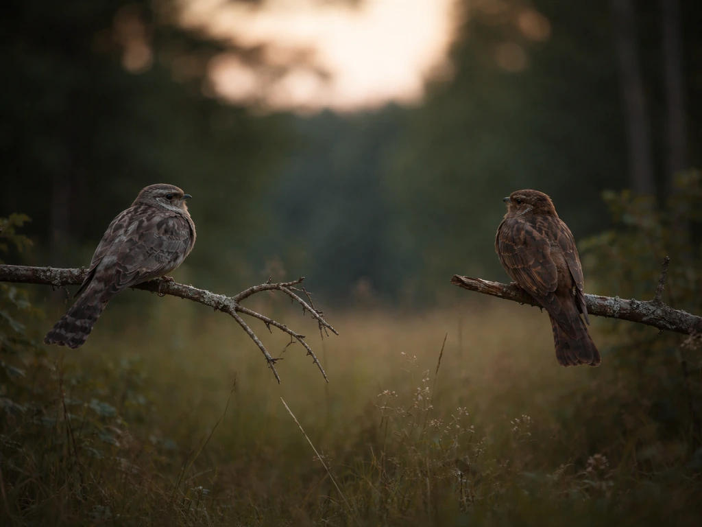 Two camouflaged nightjars perched on branches at dusk, similar from afar with subtle tail differences.