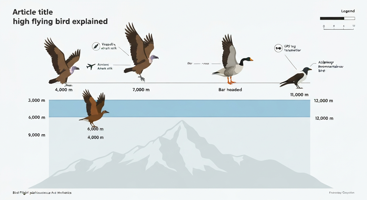 Infographic cross-section showing Rüppell's griffon vulture, bar-headed goose, and alpine chough flying at labelled high altitudes with icons indicating validation methods and altitude bands.