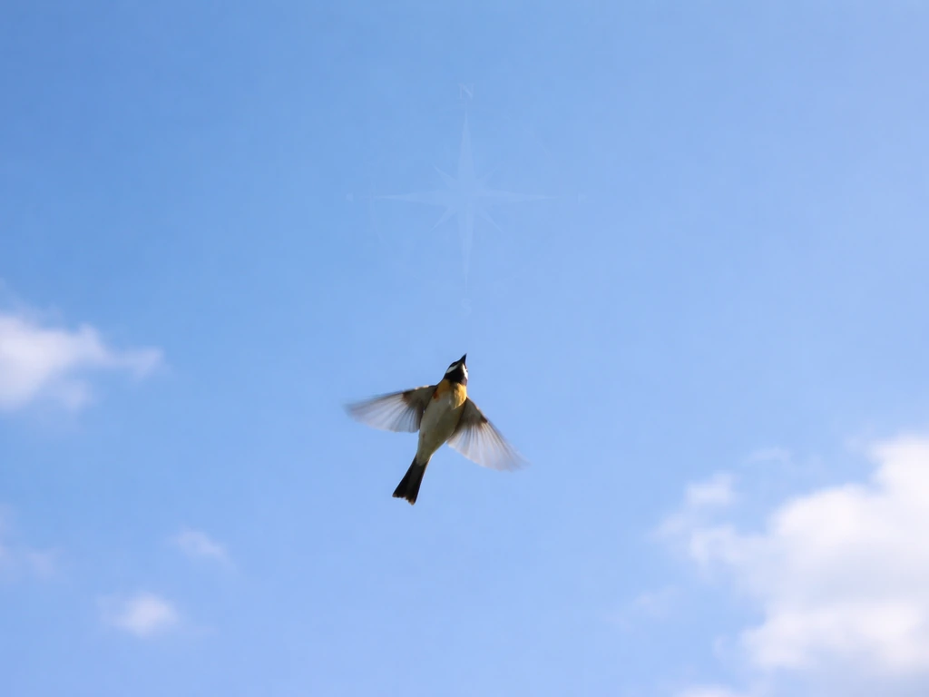 Small bird flying upward toward north with a subtle compass rose overlay in the sky