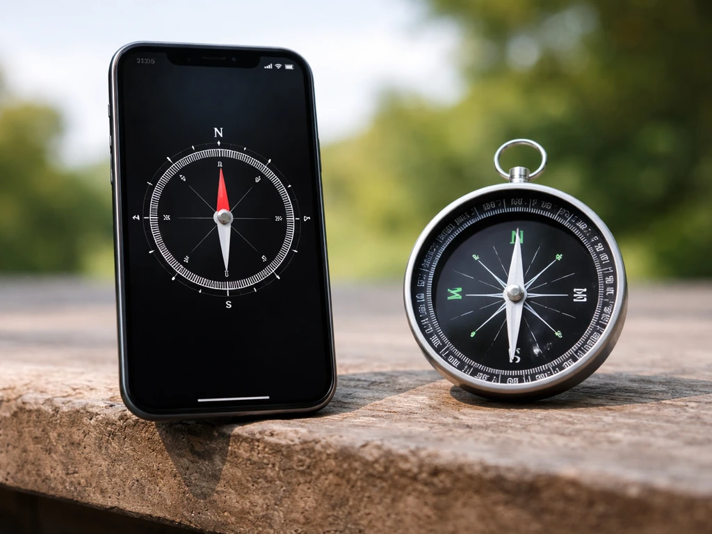 Close-up of a smartphone compass and a handheld magnetic compass outdoors, needles aligned toward north.
