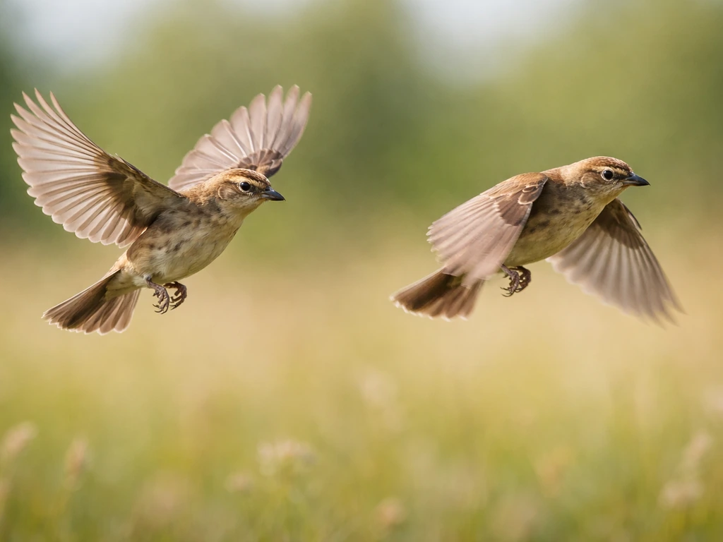 Small passerine bird in active flight showing downstroke and transition wing phases over a meadow.